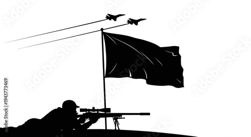 Sniper Aiming Rifle Near Waving Flag and Fighter Jets Flying in Formation