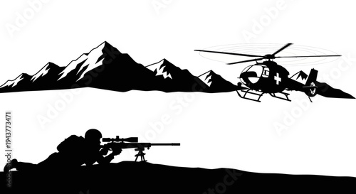 Sniper Aiming Helicopter in Mountains Silhouette