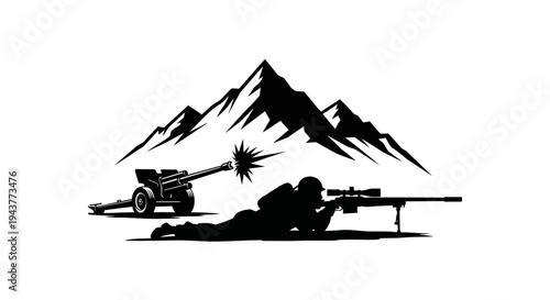 Sniper Aiming Rifle with Artillery Gun Firing in Mountains Silhouette
