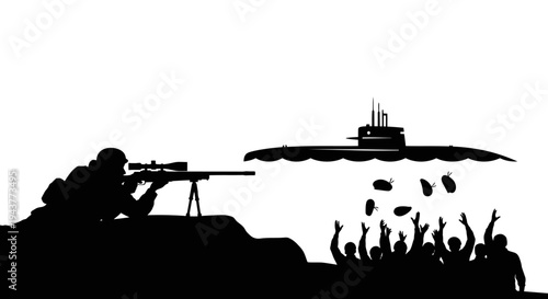 Sniper Aims at Submarine Dropping Bombs on Crowd