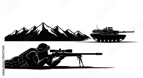 Sniper Soldier Aiming Rifle, Tank, and Mountains Silhouette