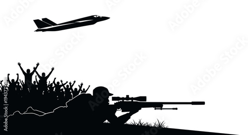 Sniper Soldier Aims at Jet Fighter with Cheering Crowd Silhouette