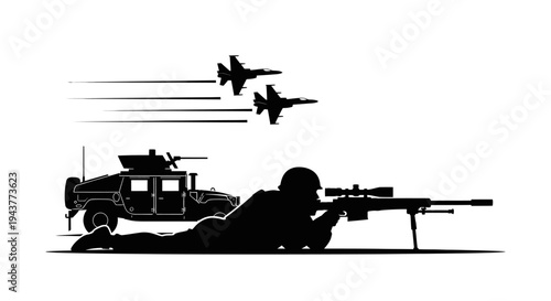 Sniper soldier, military vehicle, and fighter jets in silhouette, symbolizing modern warfare and defense.