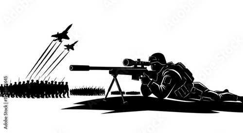 Sniper soldier aiming rifle, fighter jets flying over military parade, war, conflict, army, defense, strategy