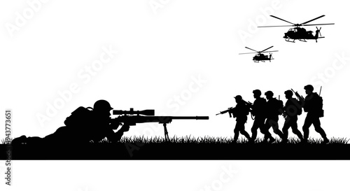 Sniper soldier aiming rifle, military team advancing, helicopters flying overhead, black silhouette