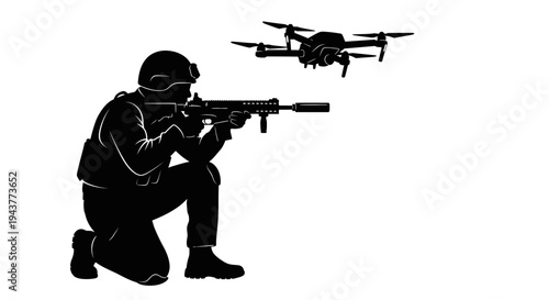 Soldier aiming drone with rifle, military surveillance, tactical operation, technology concept