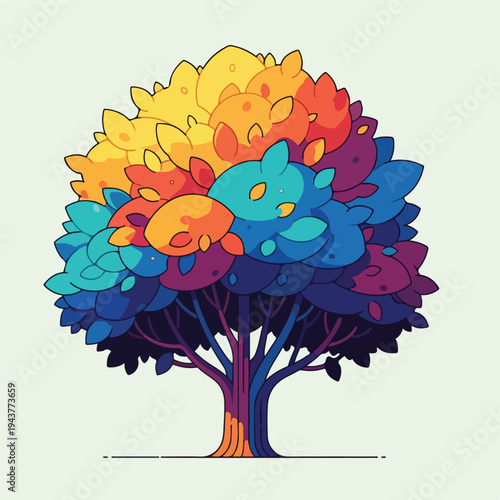 A vibrant, cartoon-style tree with a colorful, textured canopy
