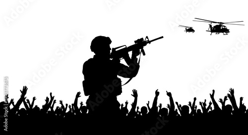 Soldier aiming rifle with helicopters overhead, crowd cheering below, silhouette against white background