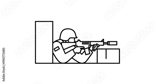 Soldier aiming rifle from cover, tactical operation, military action, combat readiness