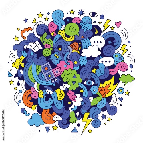 A vibrant circular doodle featuring various colorful abstract shapes and elements