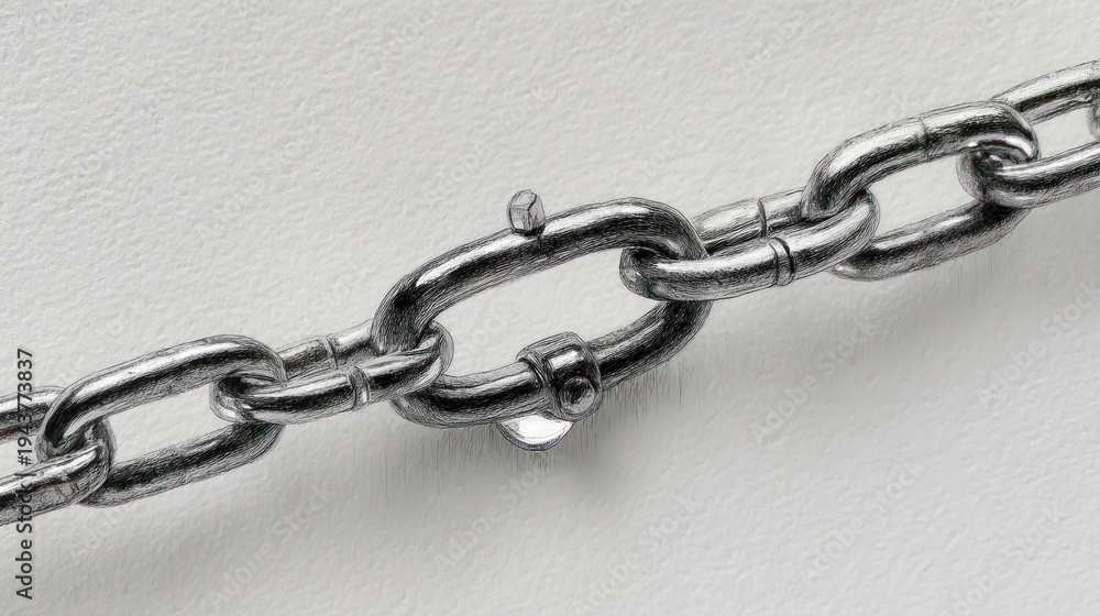 Fototapeta premium Close up of a metallic chain with a connecting link on a white background