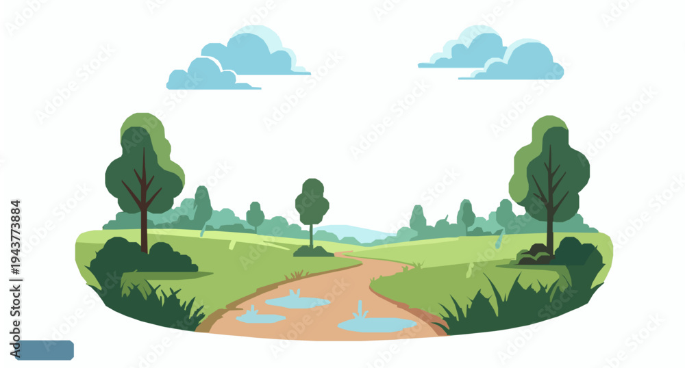 Obraz premium Rainy park landscape with puddles and trees summer rain vector illustration EPS 10