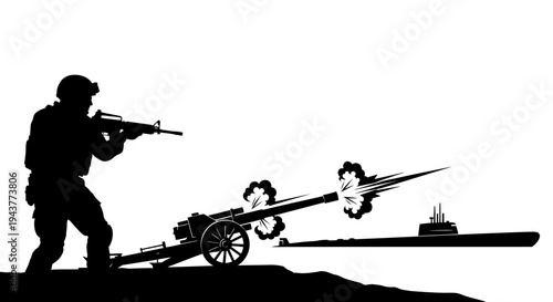 Soldier firing artillery at submarine, military conflict, war scene silhouette