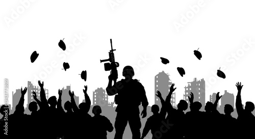 Soldier Celebrates Victory with Crowd, Debris Falling in Ruined City