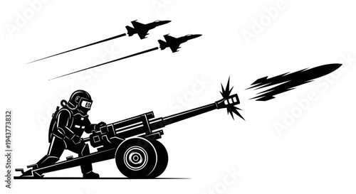 Soldier fires missile from cannon, fighter jets fly overhead, military action concept