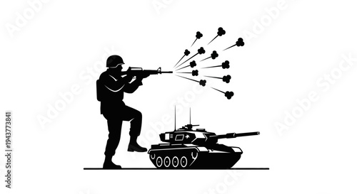 Soldier firing grenade launcher from atop a battle tank, combat scene, military action, war illustration