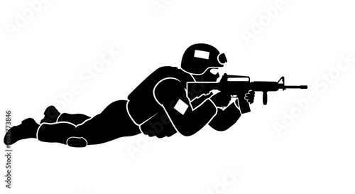 Soldier in camouflage gear lying prone with assault rifle, aiming forward, military action silhouette