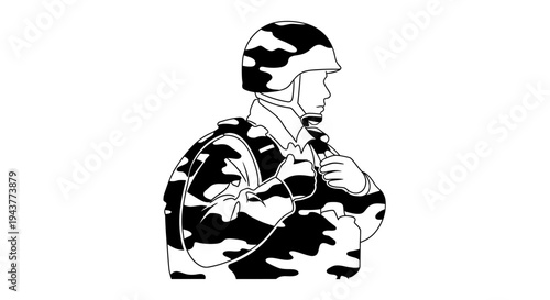 Soldier in Camouflage Uniform and Helmet, Ready for Action, Military Personnel