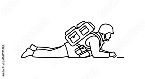 Soldier in camouflage uniform lying prone with backpack, military training or combat readiness