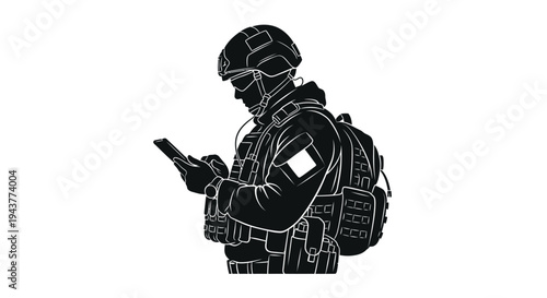Soldier in tactical gear using smartphone, modern warfare technology, communication concept