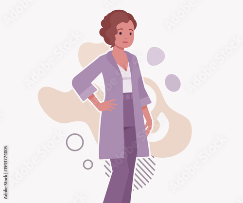Modern female business leader, smart businesswoman model pose. Elegant beautiful girl wearing purple blouse, lavender cardigan vector flat style cartoon illustration abstract creative background
