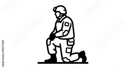 Soldier kneeling in uniform, tactical gear, helmet, military, prayer, respect, salute, army, warrior, combat, duty, honor, sacrifice