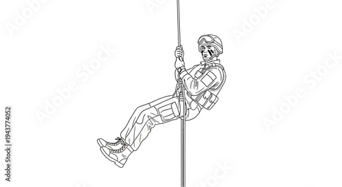Soldier rappelling down a rope, military training, tactical gear, action, descent