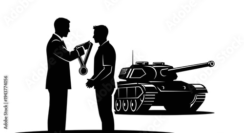 Soldier receiving medal from businessman with tank in background, military award ceremony