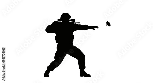 Soldier silhouette throwing grenade, military action, combat, war, isolated on white