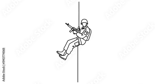 Soldier Rappelling Down Wall with Rifle, Military Training Exercise, Action Silhouette