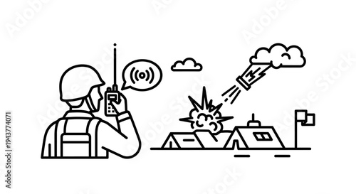 Soldier using radio during military operation, bomb explosion in background