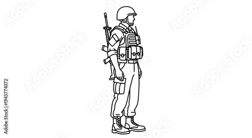 Soldier Standing Profile View with Rifle and Gear, Military Illustration