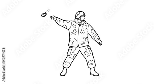Soldier throwing grenade, military action, combat, army, warfare, training, illustration