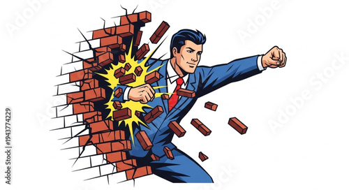 Businessman Breaking Through Brick Wall.