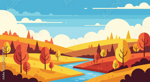 A vibrant, flat-style illustration of an autumn landscape with trees and river