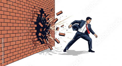 Businessman breaking through brick wall.