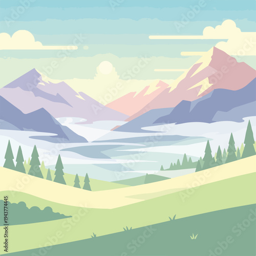 A vibrant, geometric landscape with mountains, clouds, and trees