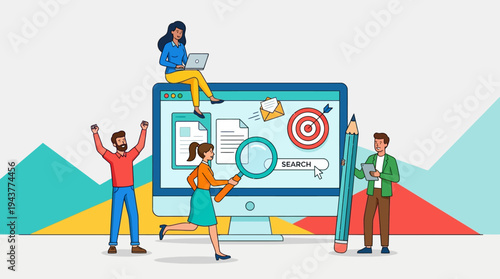 Team of Professionals Working on Digital Marketing, SEO Search Optimization and Content Strategy Illustration for Online Business Growth