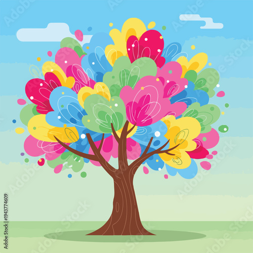 A vibrant illustrated tree with colorful leaves, a blue sky, and clouds