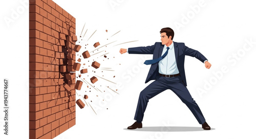 Businessman breaking through brick wall.