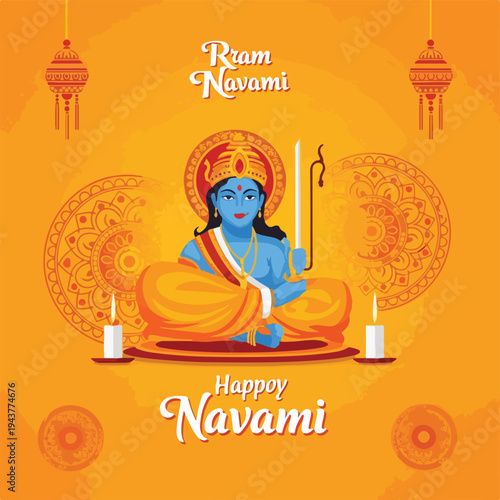 A vibrant illustration depicts a blue deity in a lotus pose, celebrating a festival