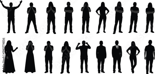 Men and women silhouettes showing emotions and body language poses isolated on white background, expressing feelings, attitudes, and people behavior