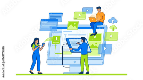 Digital Content Creation and Multimedia Management Illustration with Creative Team Working on Video, Photo and Text Production