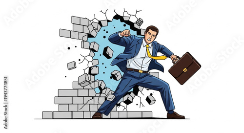 Businessman Breaking Through Wall.