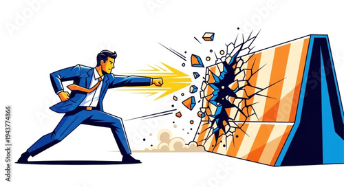 Businessman breaking through wall.