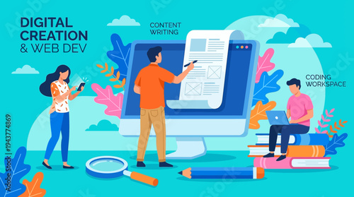 Modern Flat Vector Illustration for Digital Creation and Web Development Concept with Content Writing and Coding Workspace Team