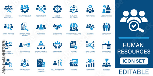 Human resources icon set. featuring recruitment, hiring process, employee training, workforce management, and corporate leadership elements in blue flat design style.