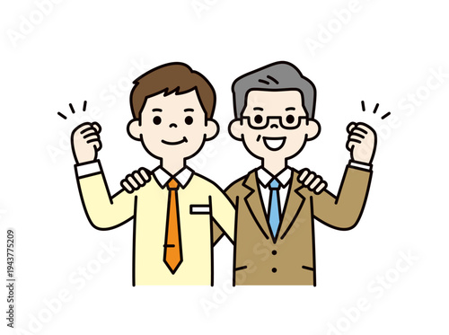 やる気に満ち溢れる、若い男性社員・従業員と上司・社長・経営者の上半身ベクターイラスト素材
