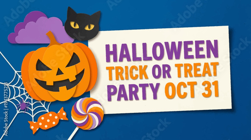 Halloween Trick or Treat Party Invitation with Paper Cut Style Jack-o-Lantern, Black Cat, and Sweets on Blue Background