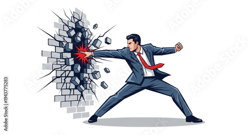 Businessman Breaking Through Wall.